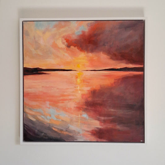 Sunset landscape painting of atmospheric clouds and reflections in the water.