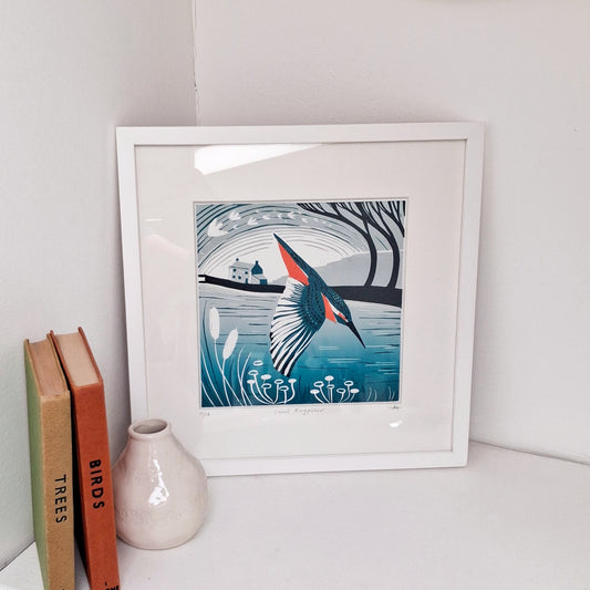 Canal Kingfisher - FRAMED lino print