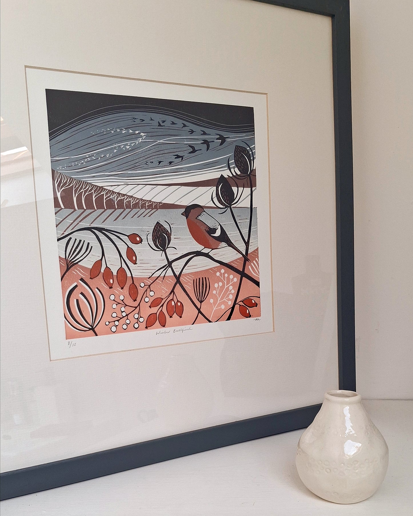 Winter Bullfinch - FRAMED lino print