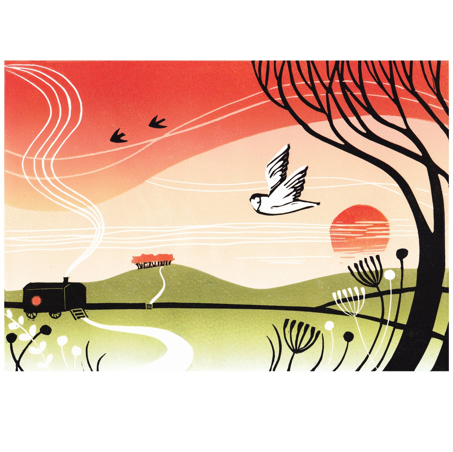 Original lino print depicting an autumn landscape with a shepherd's hut, sunset, owl, and trees inspired by the Derbyshire Dales.