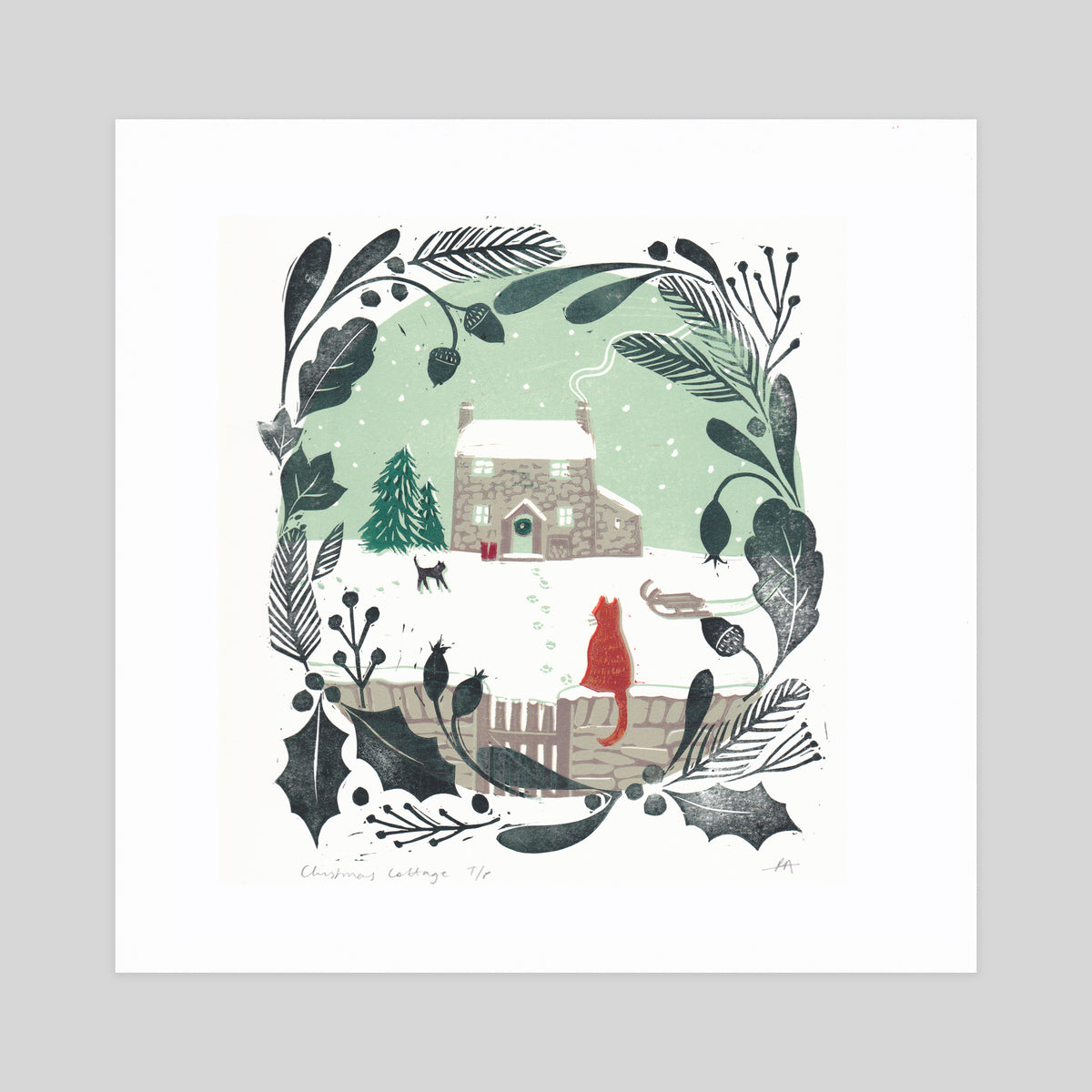 SECONDS - Christmas Cottage Lino Print
