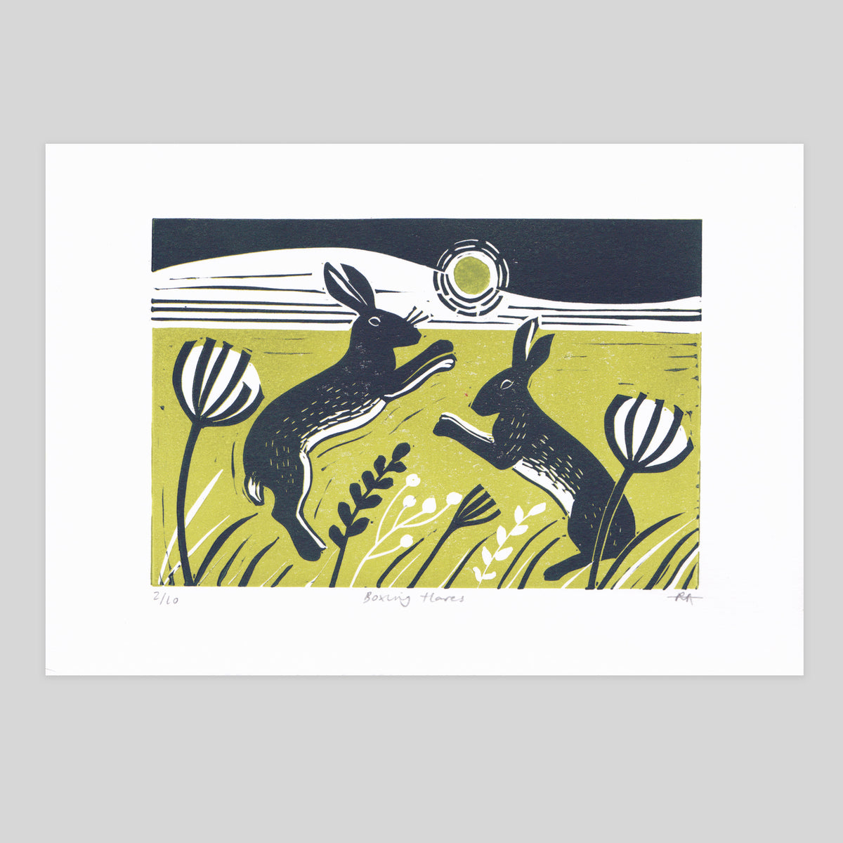 SECONDS - Boxing Hares Lino Print