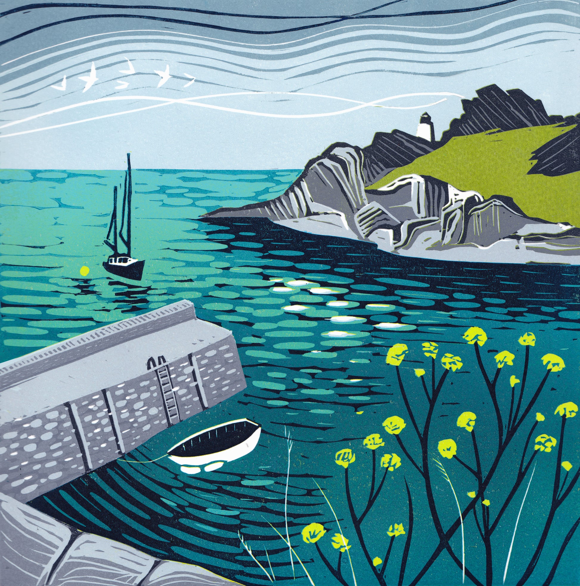 Artistic depiction of a coastal scene with a boat, cliffs, and flowers.