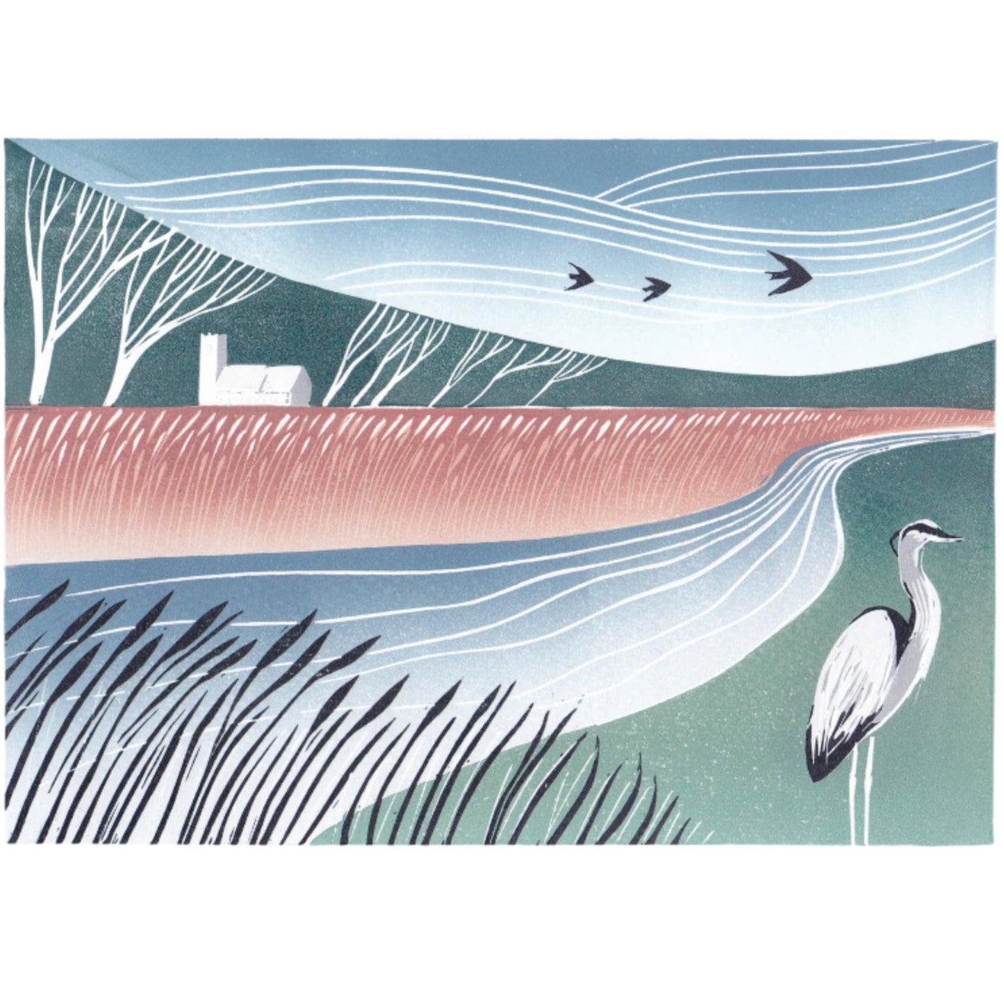An original lino print featuring a landscape with a heron, a house, and a river, with a serene, misty background.