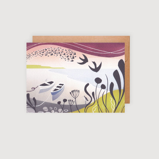 A greetings card featuring a lino print with bird illustrations, plants, and a warm color palette. Includes a brown kraft envelope.