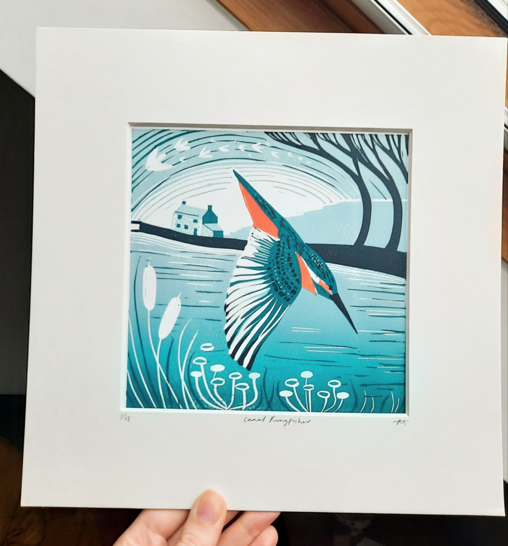 Canal Kingfisher - Original Lino Print