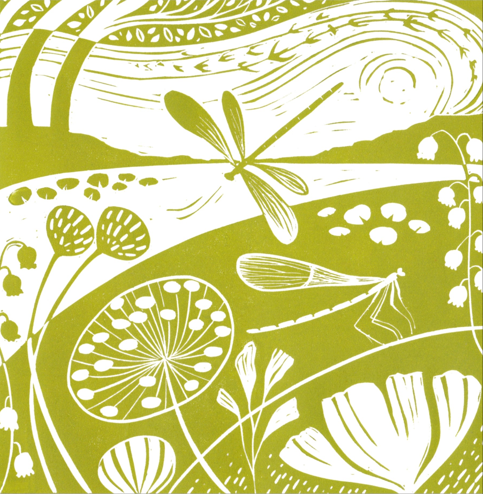 Original lino print artwork featuring a nature scene with green tones, printed on high-quality Japanese paper with a deckled edge.