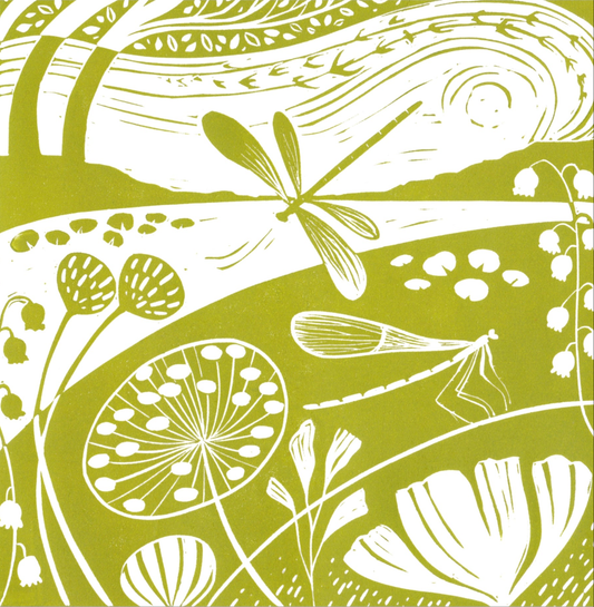 Original lino print artwork featuring a nature scene with green tones, printed on high-quality Japanese paper with a deckled edge.