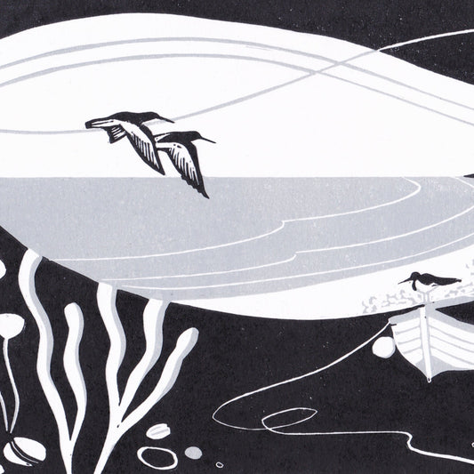 Original lino print artwork featuring stylized design of Oystercatchers, boat, and shore elements in black and white.