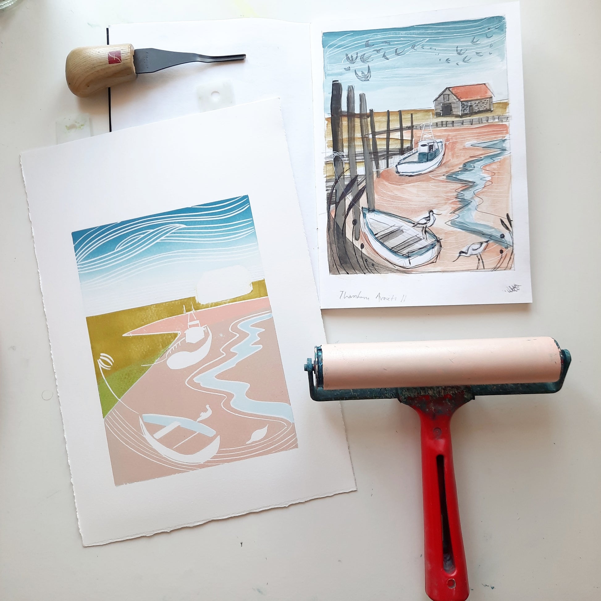 work in progress lino print with inked up roller