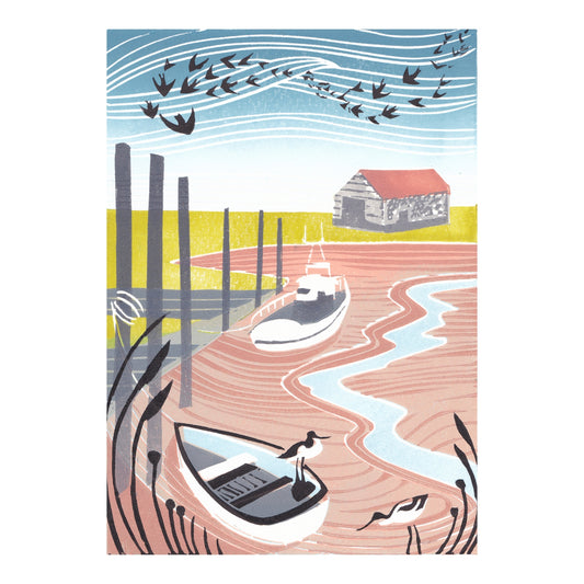 Original lino print of Thornham in Norfolk featuring Avocets and boats and the store barn.