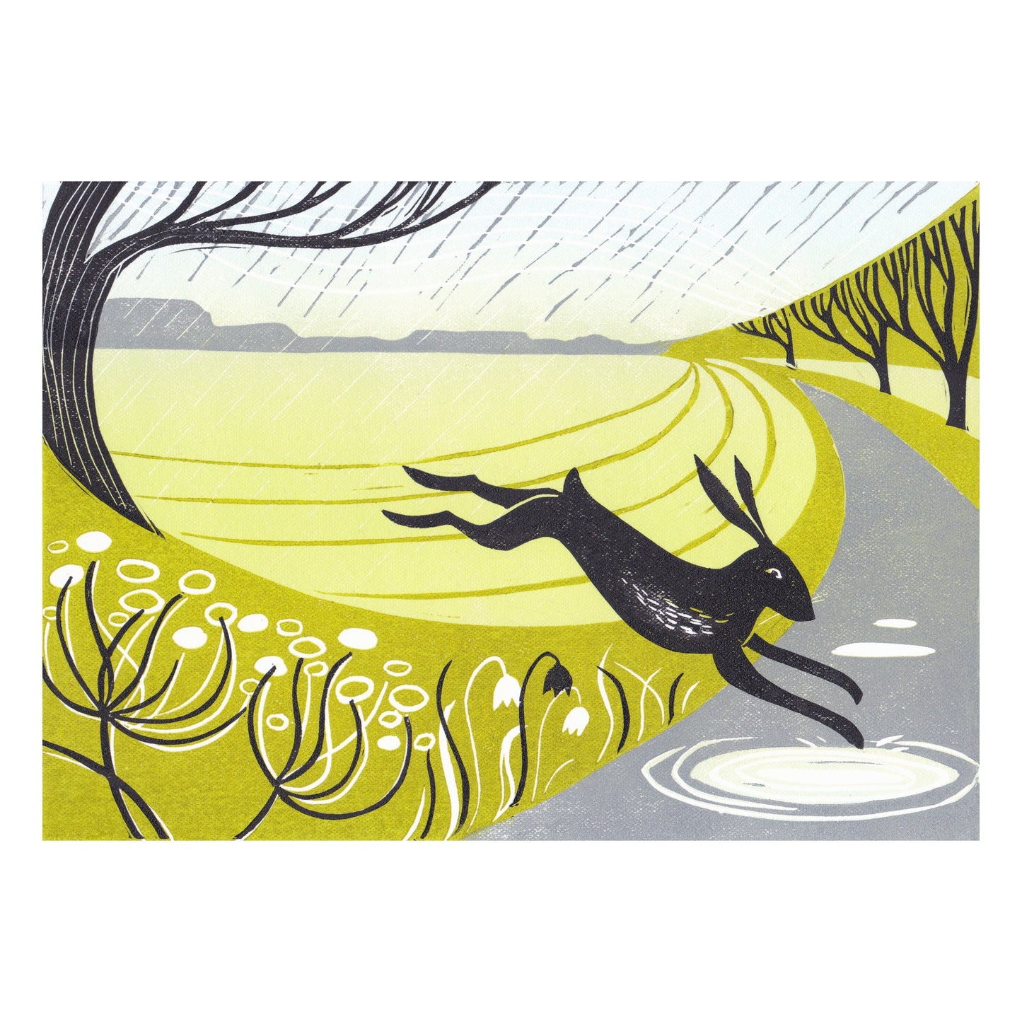 A hare leaping over fields into a puddle during april showers. Printed in a bold green, it depicts the rain falling.