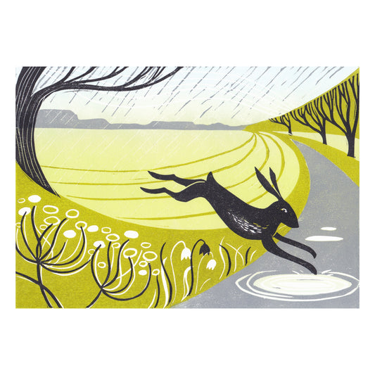 A hare leaping over fields into a puddle during april showers. Printed in a bold green, it depicts the rain falling.