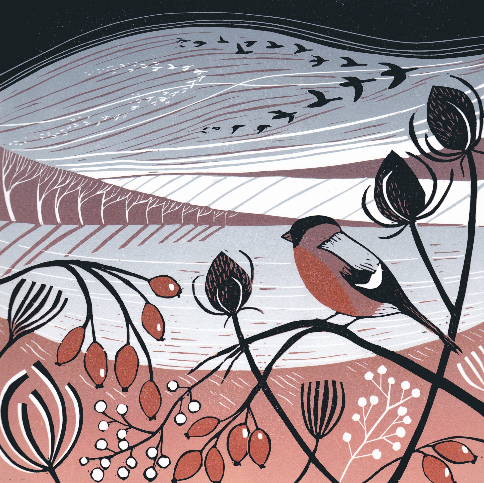 Original lino print featuring a bullfinch among teasels with a snowy landscape in the background and geese flying over
