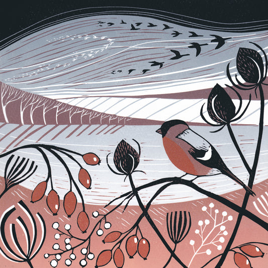 Original lino print featuring a bullfinch among teasels with a snowy landscape in the background and geese flying over
