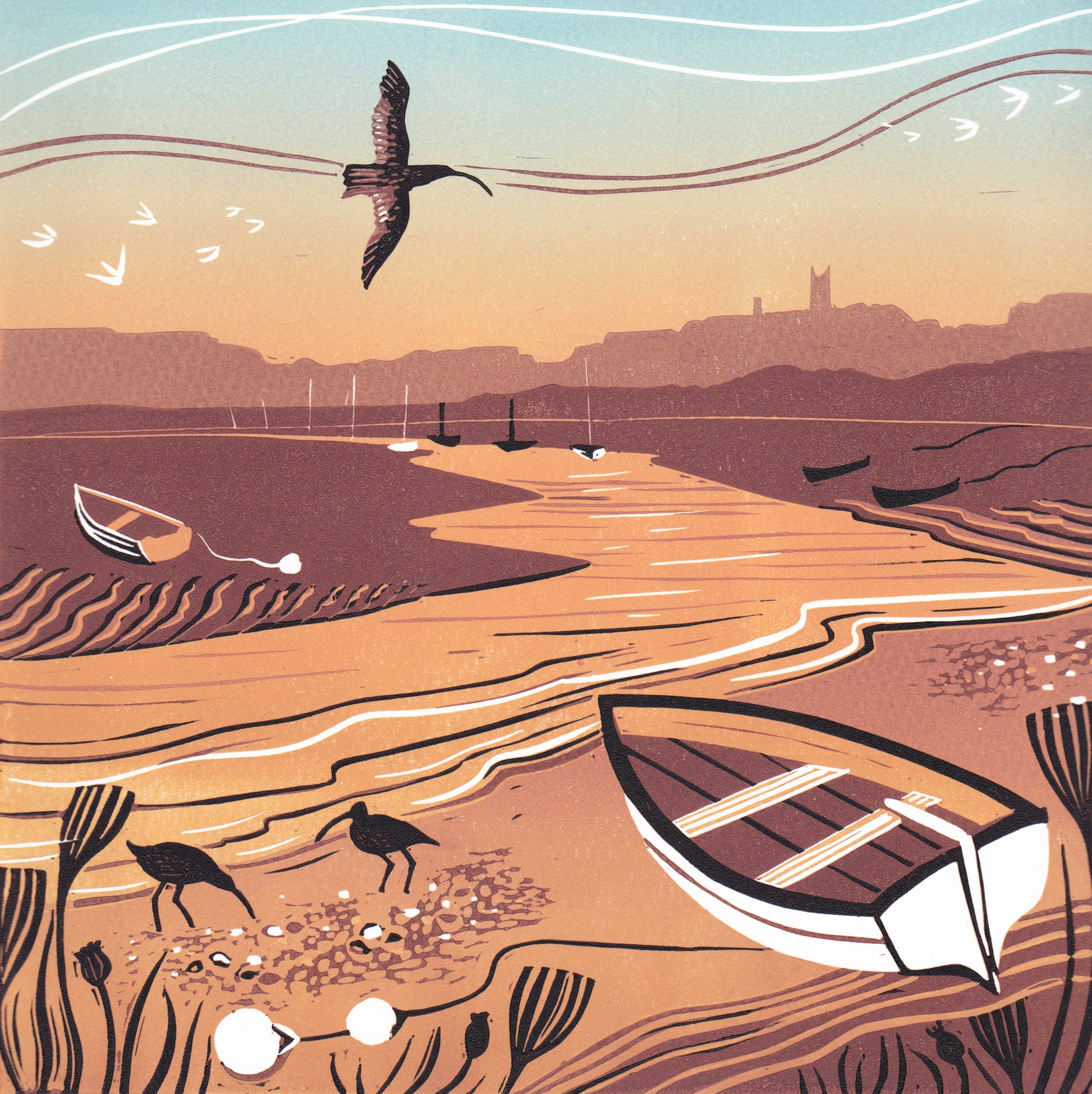 A lino print of a Norfolk sunset scene with a bird flying, a boat on the bank, and curlews present. The colors are warm, featuring browns and oranges, and the print has a deckled edge.