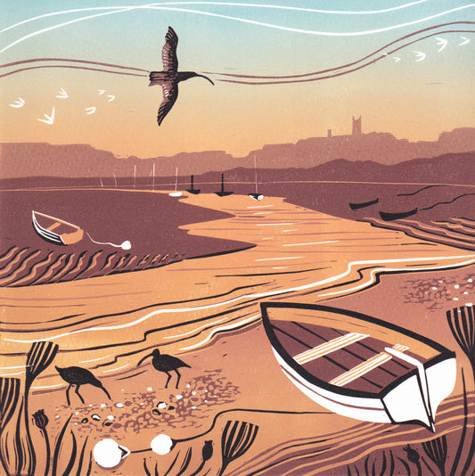 A lino print of a Norfolk sunset scene with a bird flying, a boat on the bank, and curlews present. The colors are warm, featuring browns and oranges, and the print has a deckled edge.