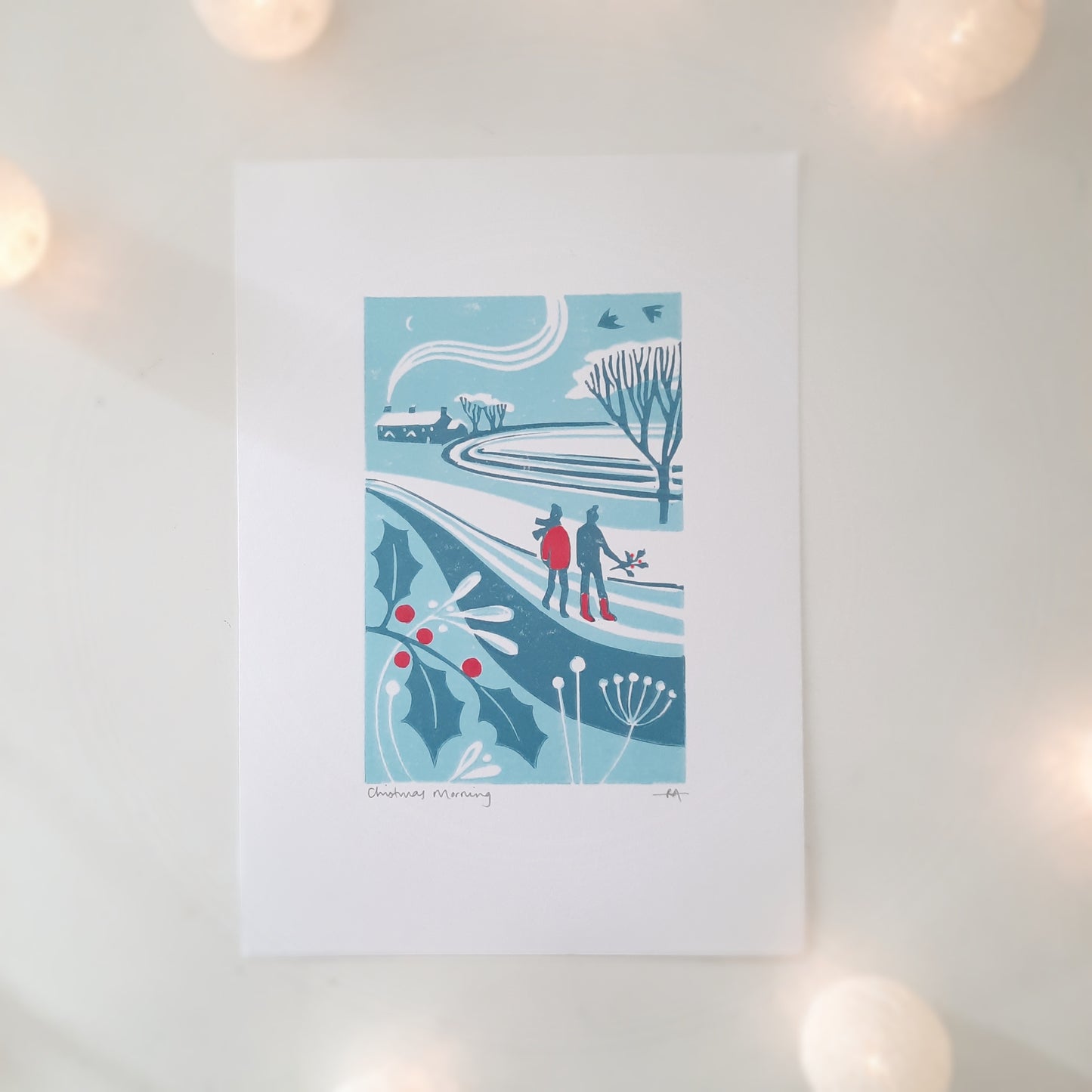 SECONDS Christmas Morning Lino Print
