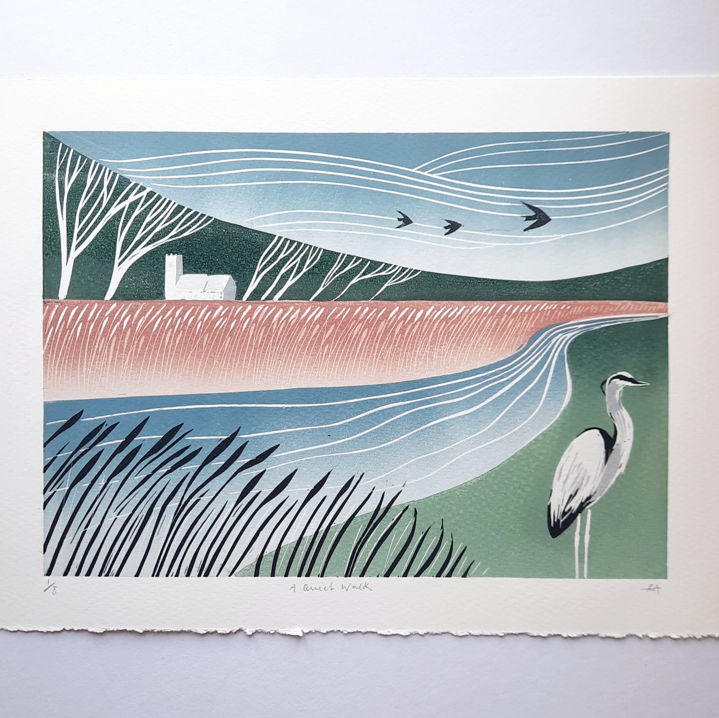 A Quiet Walk - Original Lino Print | Limited Edition | Landscape Linocut | Heron