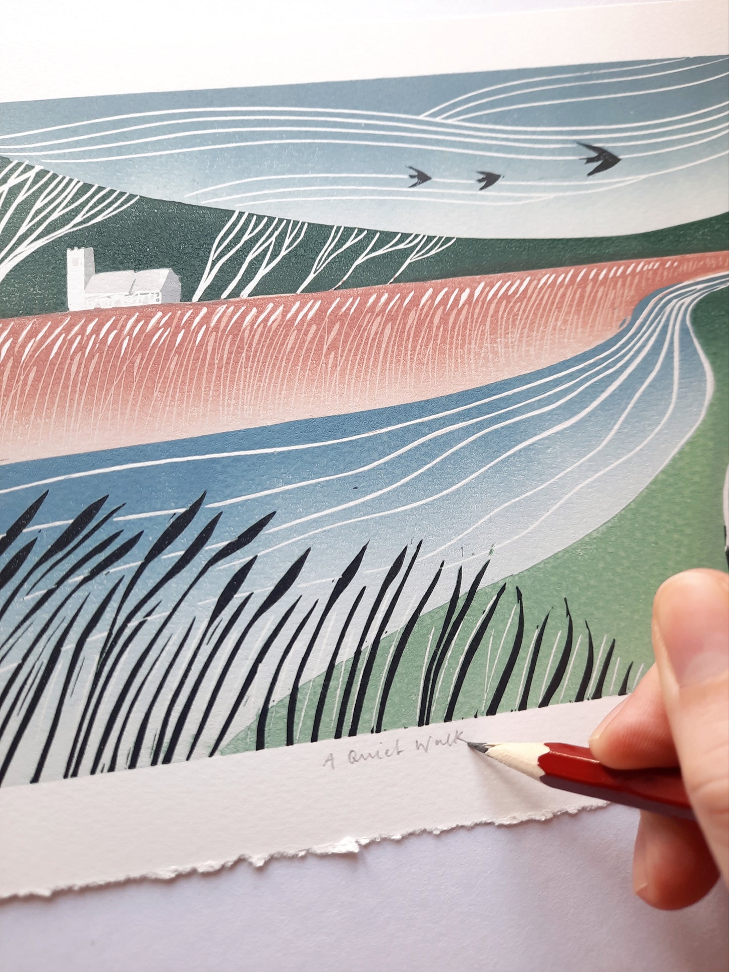 A Quiet Walk - Original Lino Print | Limited Edition | Landscape Linocut | Heron