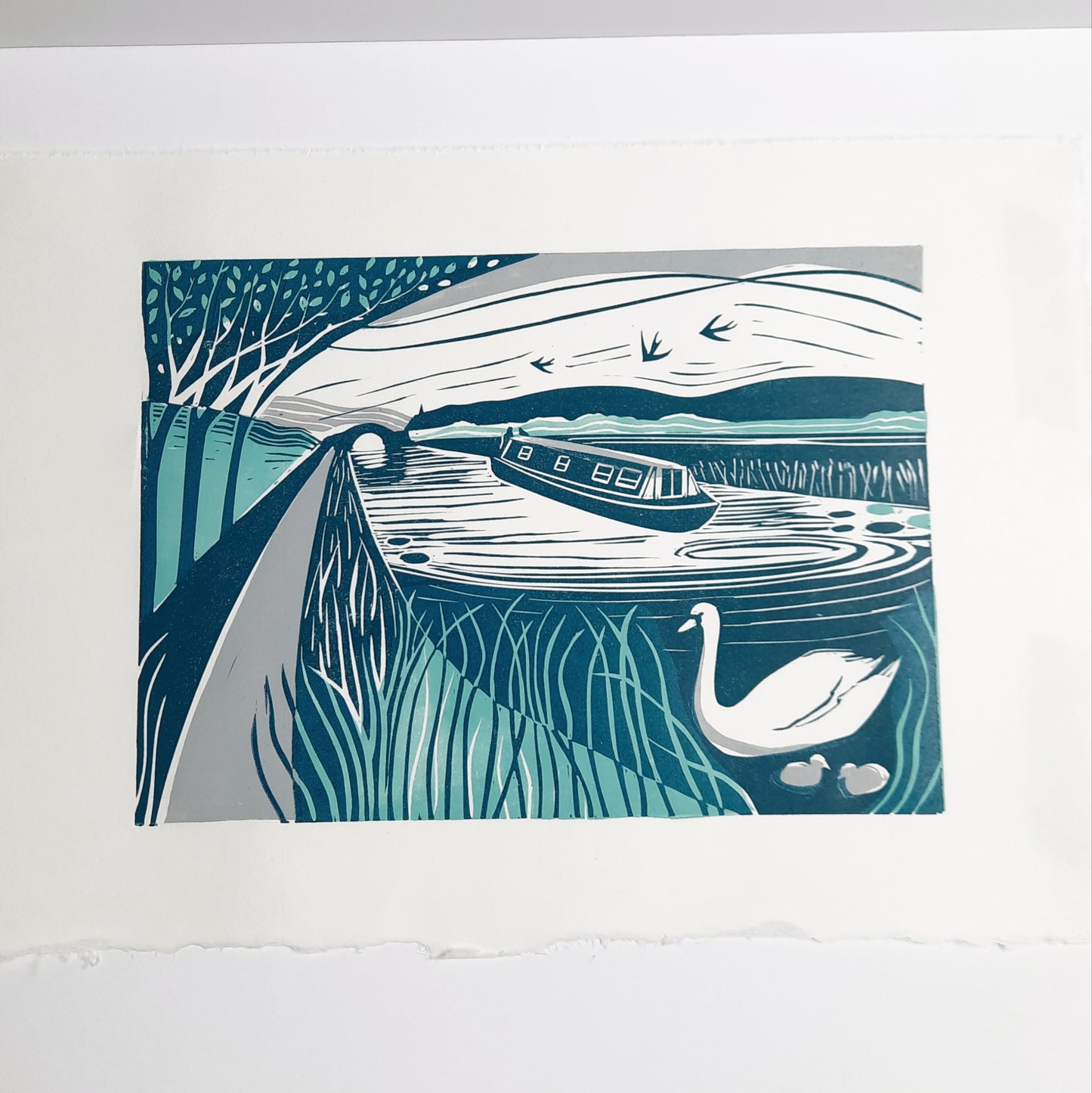 The Towpath - Original Lino Print | Canal Boat Art | Unframed