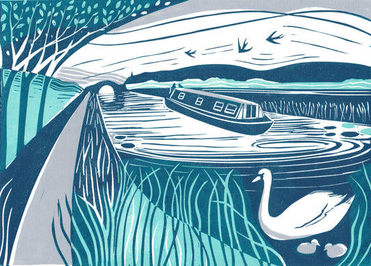 Original lino print artwork depicting a canal scene with a narrowboat, swans, and surrounding foliage.