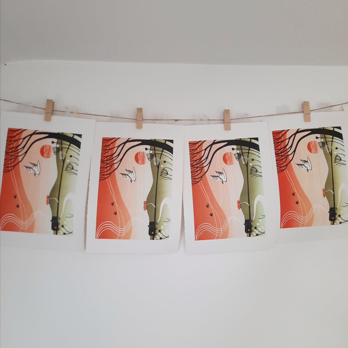 Lino prints hung up to dry