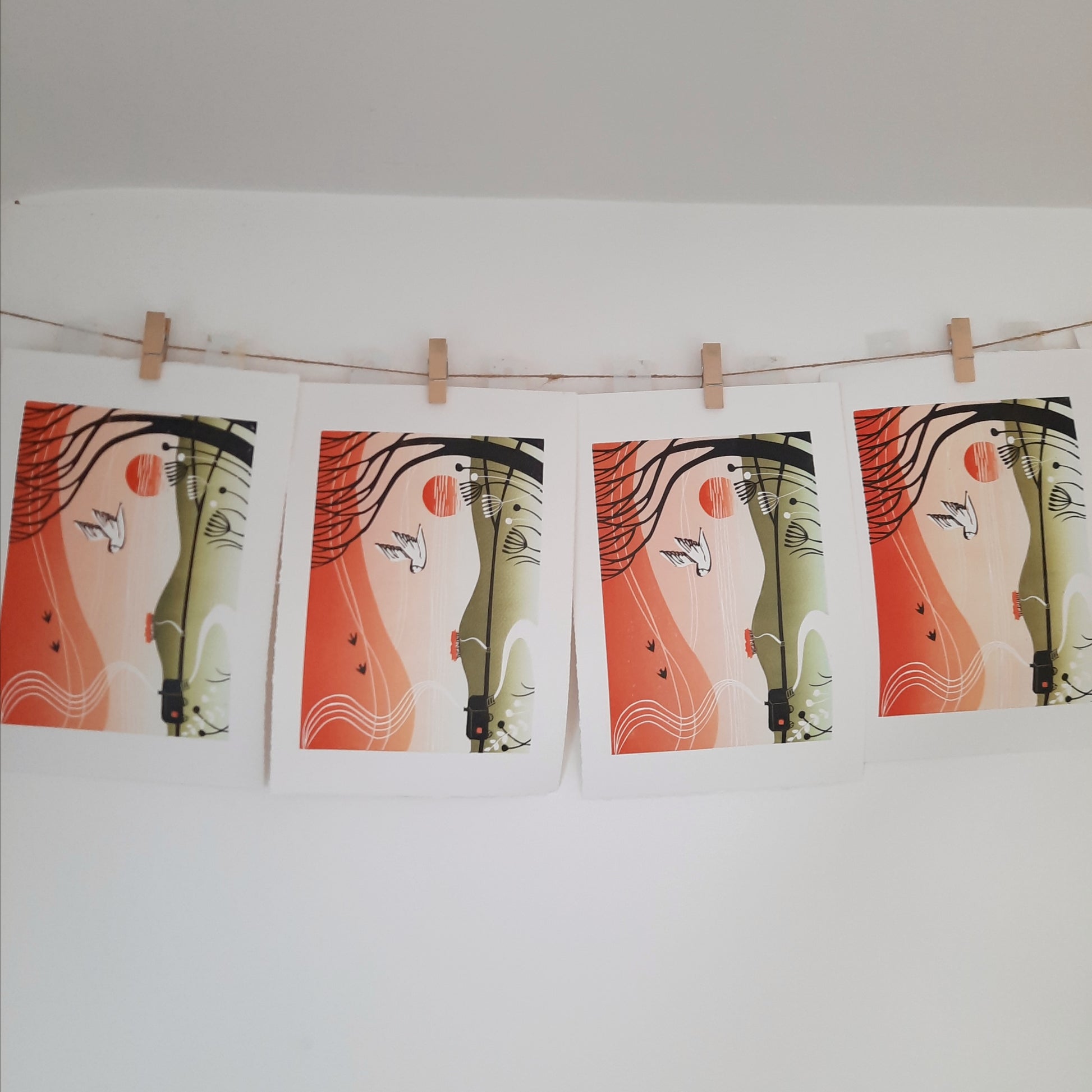 Lino prints hung up to dry