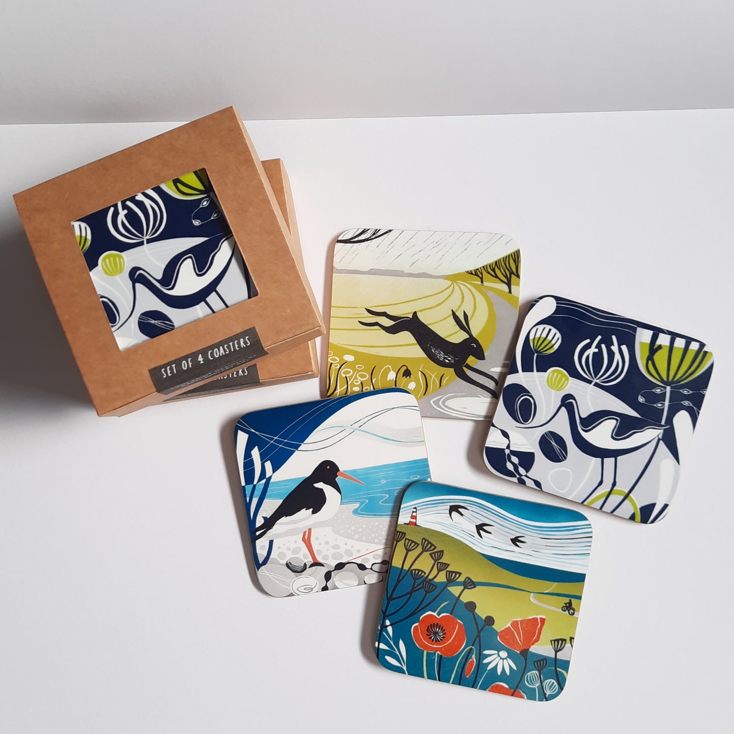 Set of 4 lino print design coasters with box