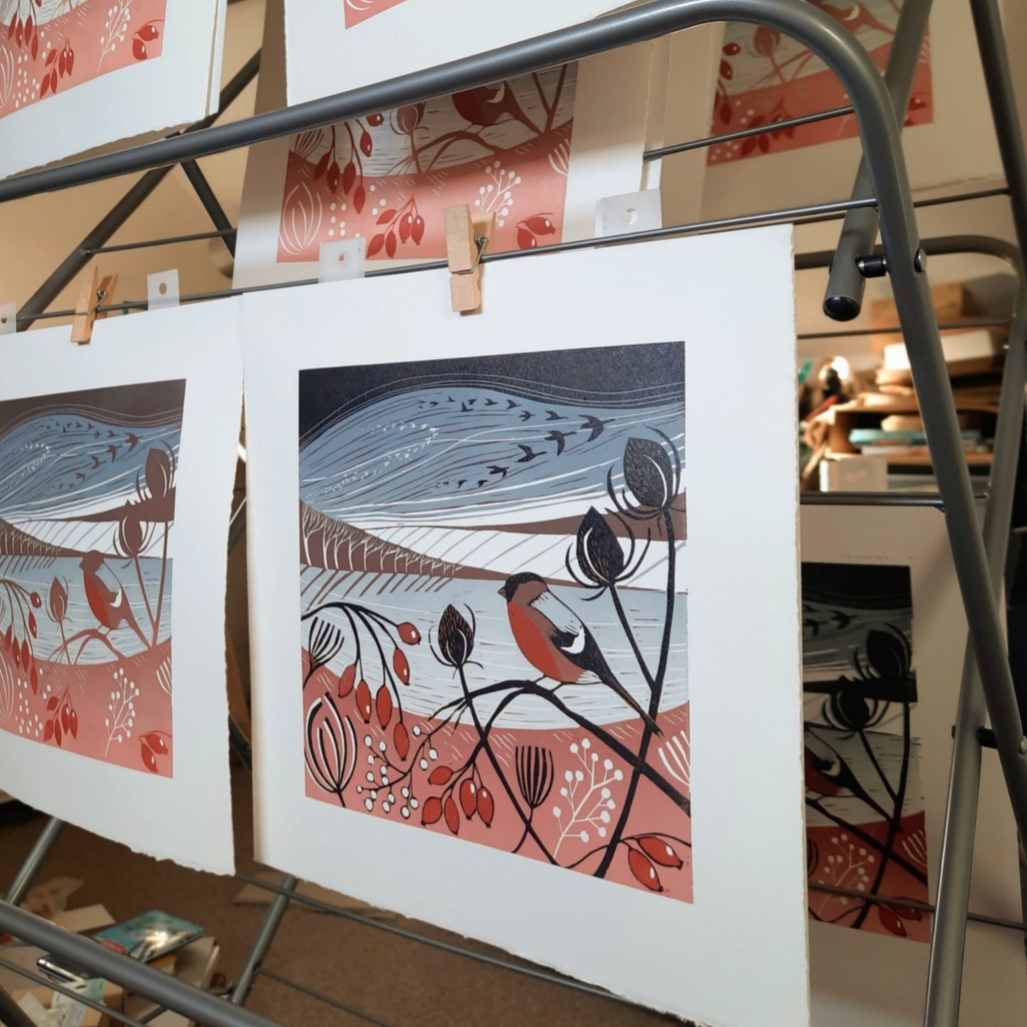 Winter Bullfinch - Original Lino Print