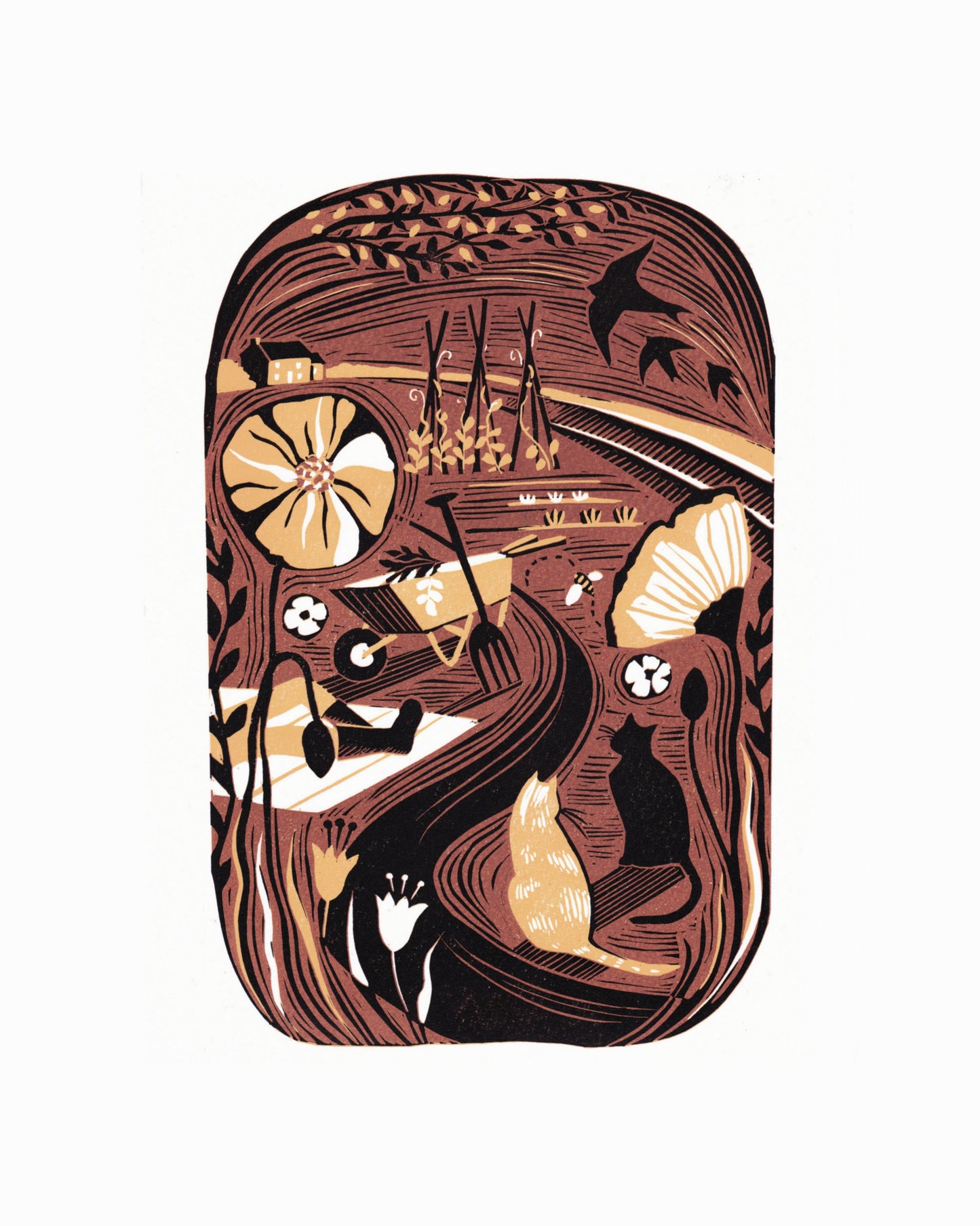 Original lino print featuring an illustration of a garden scene with warm golden tones, depicting plants, flowers, and possibly a garden path.