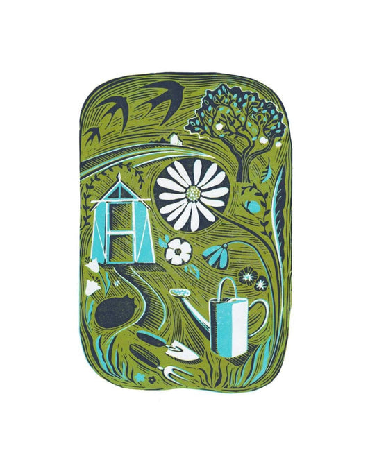 Original lino print featuring garden elements such as a tree, greenhouse, flowers, and a watering can, with a predominantly green color palette.