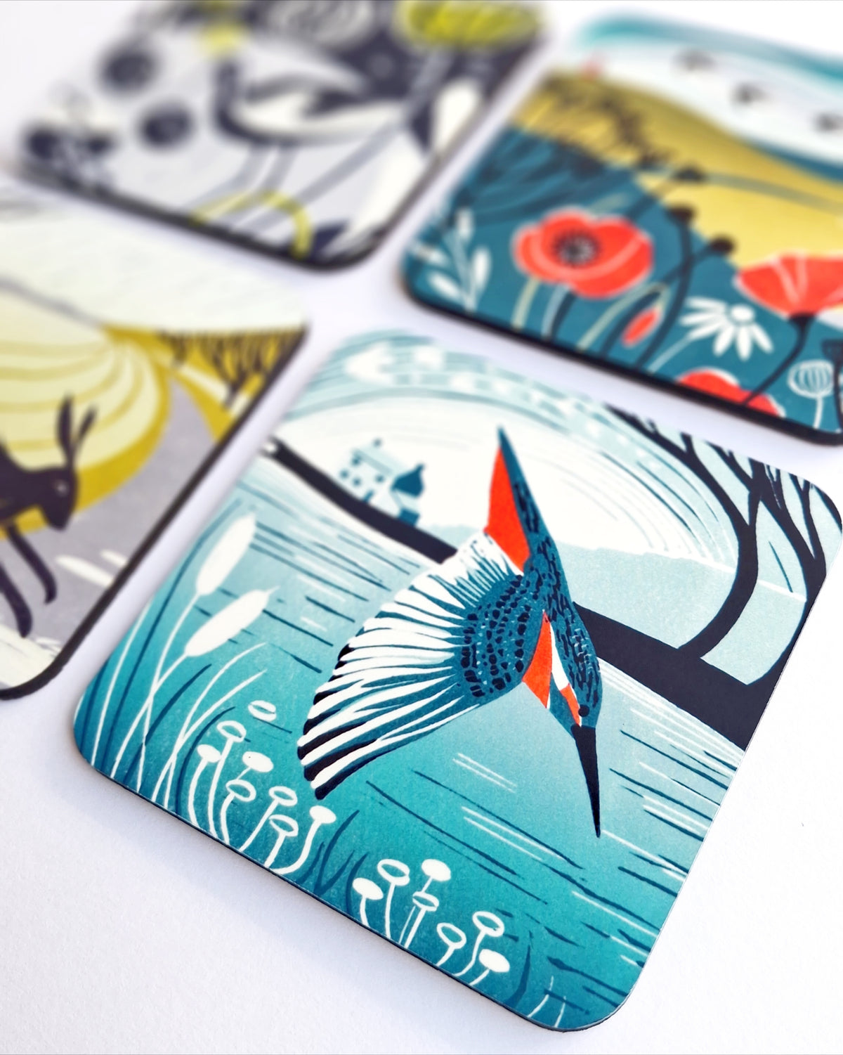 Set of 4 Coasters - Lino Print Designs