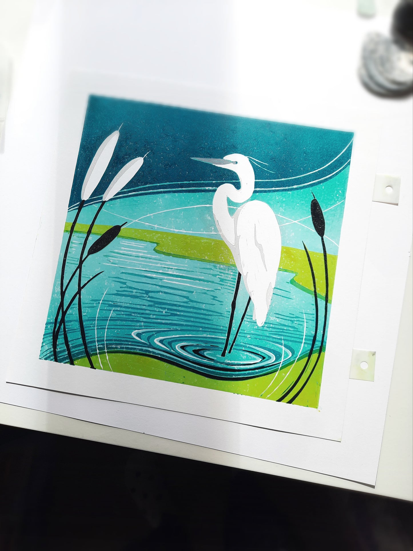 Egret in the Reeds - Original Limited Edition Lino Print | Landscape Art | Wildlife Art