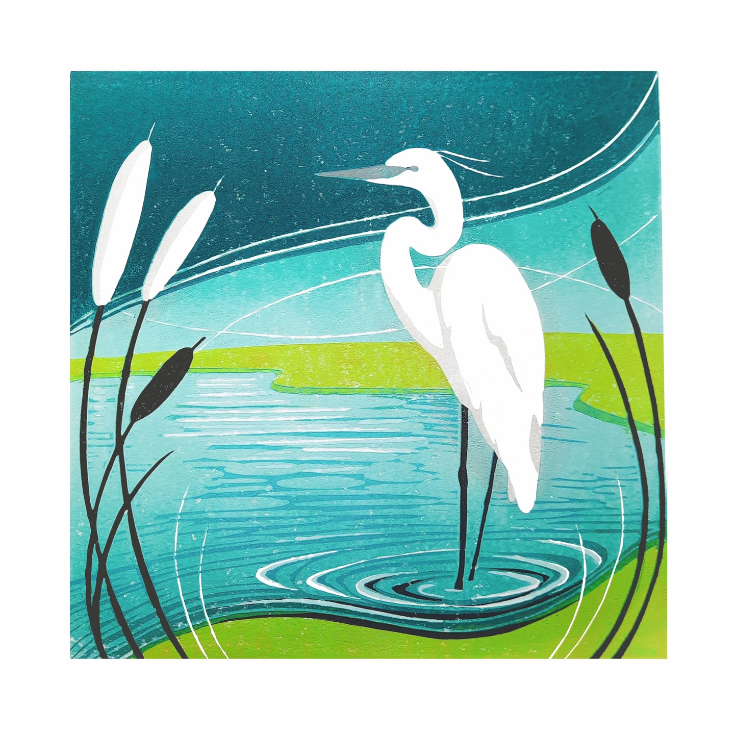 Egret in the Reeds - Original Limited Edition Lino Print | Landscape Art | Wildlife Art