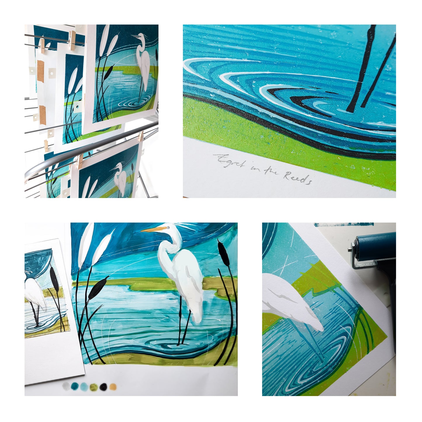 Egret in the Reeds - Original Limited Edition Lino Print | Landscape Art | Wildlife Art