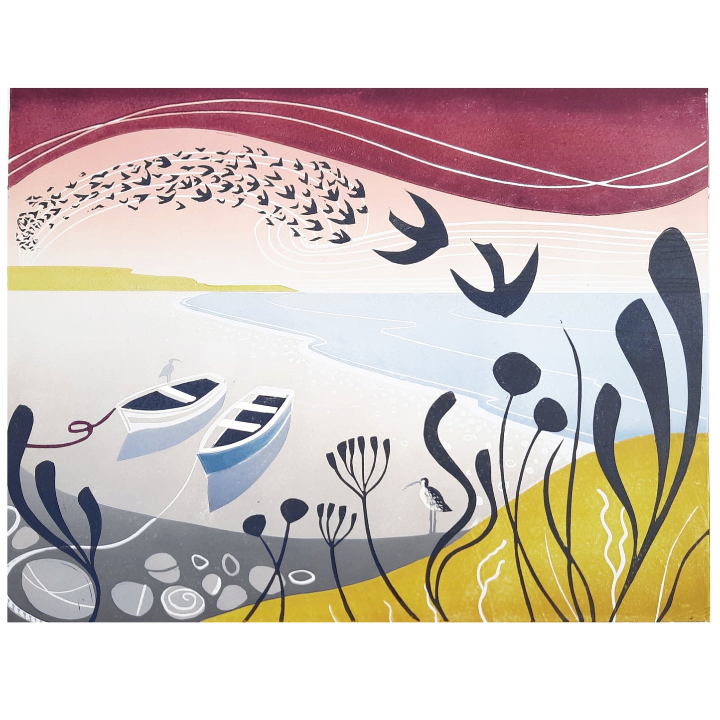 A colorful lino print featuring a flock of birds, stylized foliage, and boats on a beach, with a purplesky and a yellow-gold ground.