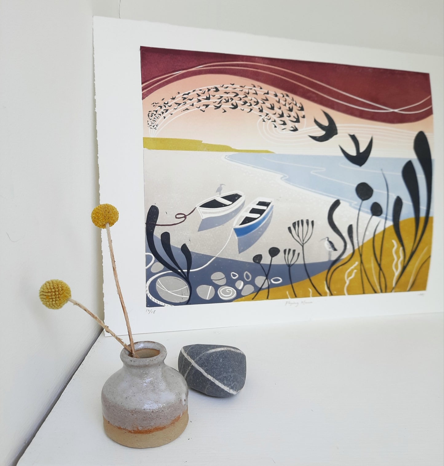 Flying Home - Original Limited Edition Landscape Lino Print | Unframed | Coastal Art