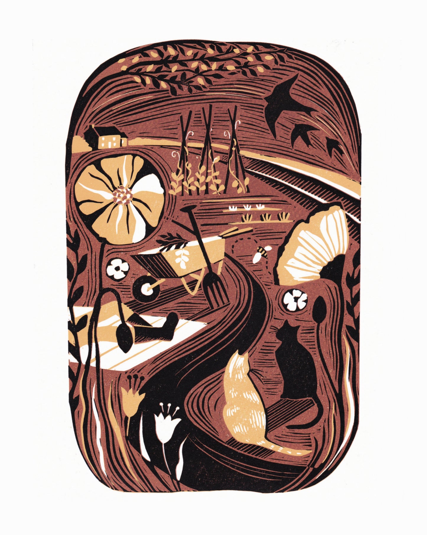 Original lino print featuring an illustration of a garden scene with warm golden tones, depicting plants, flowers, and cats.