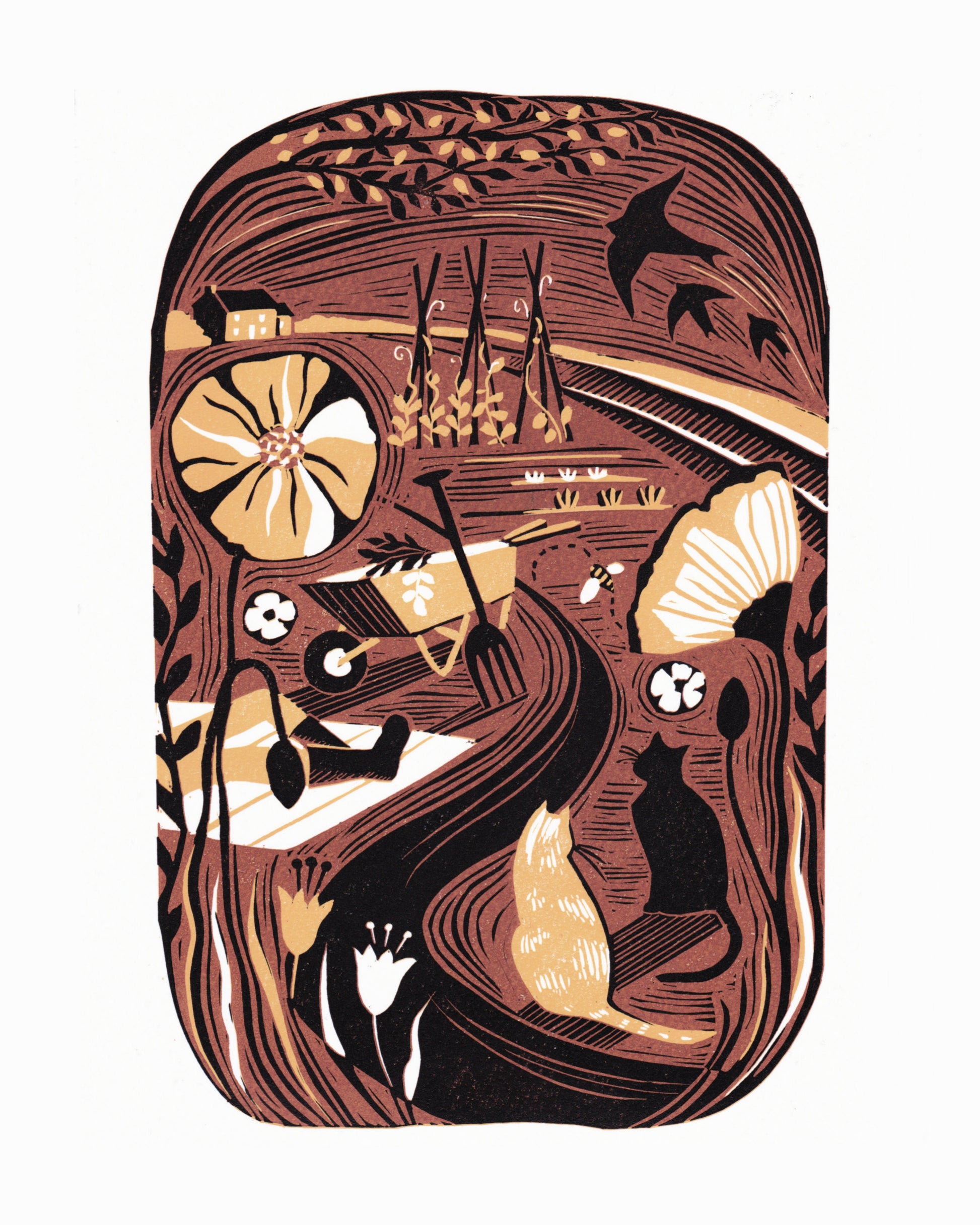 Original lino print featuring an illustration of a garden scene with warm golden tones, depicting plants, flowers, and cats.