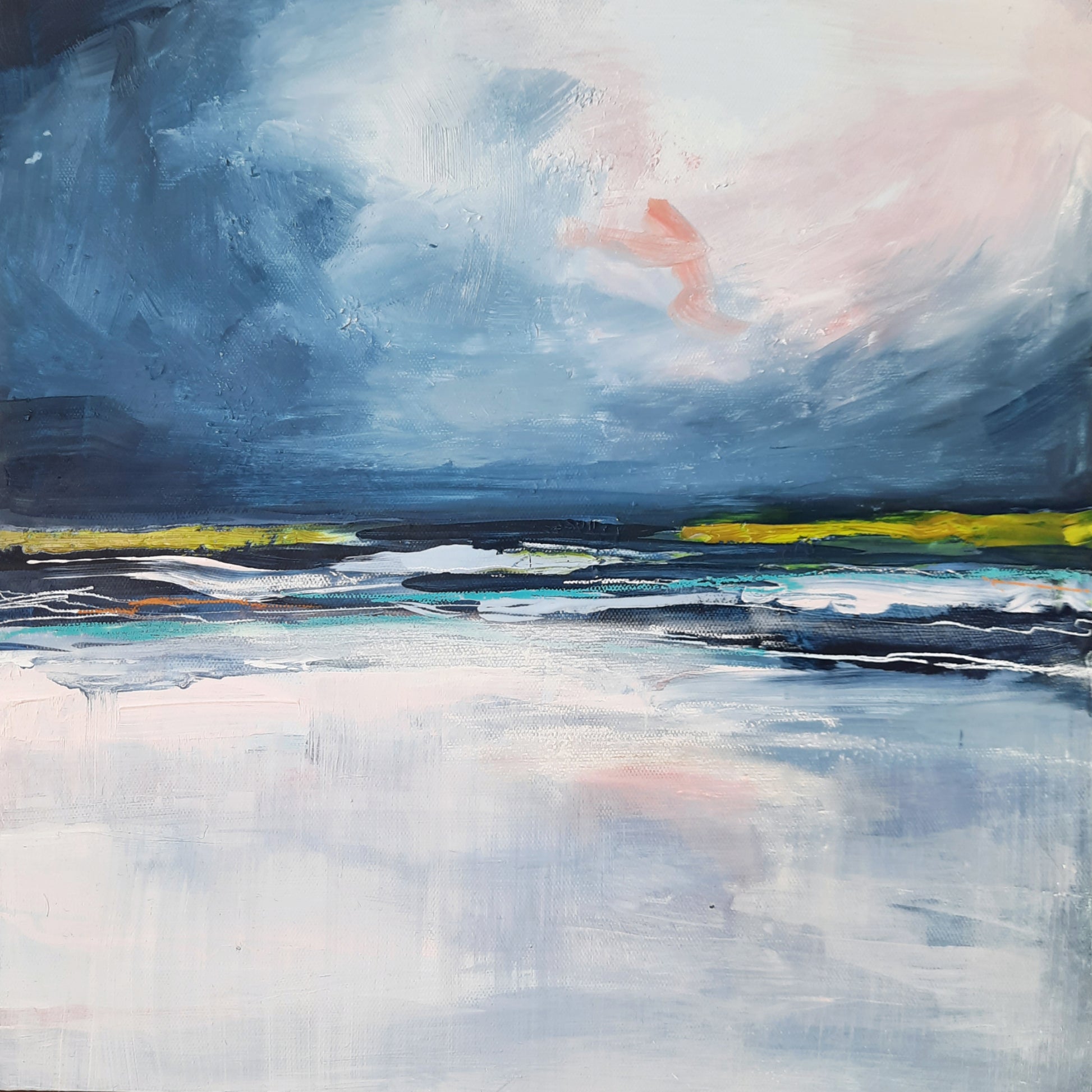 An abstract mixed media landscape painting with predominantly blue tones, depicting the dramatic nature of rough wintery seas.