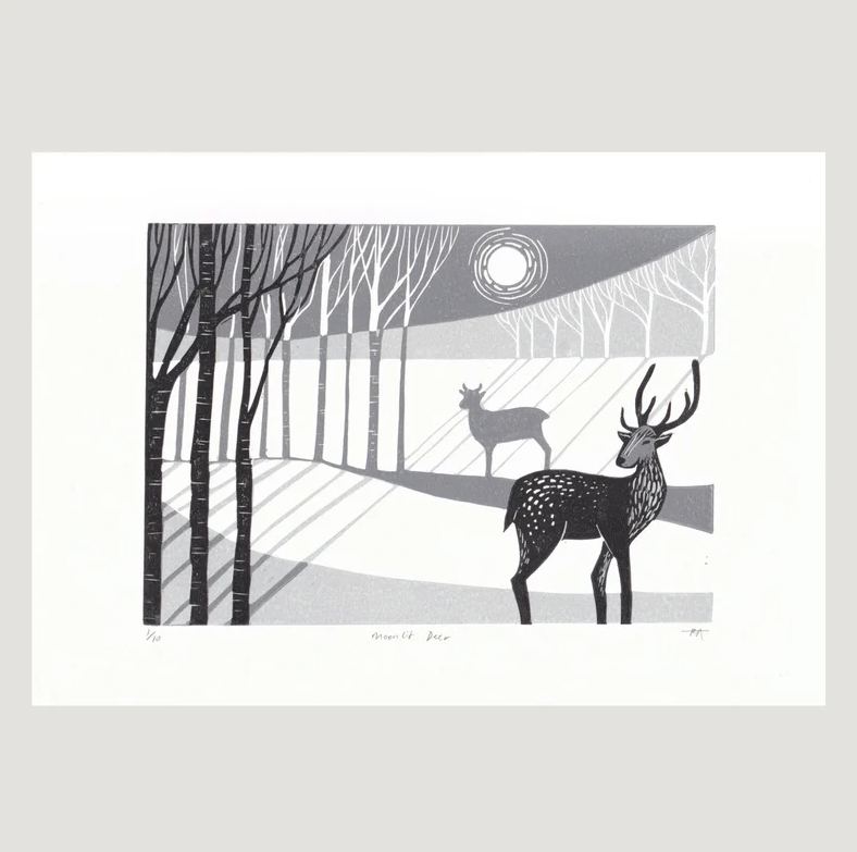 Moonlit deer in a snowy woodland - original lino print for Winter