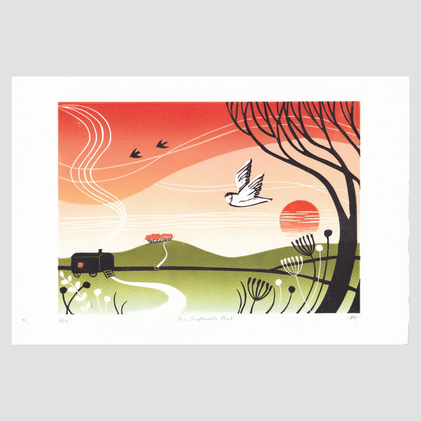 Original lino print depicting an autumn landscape with a shepherd's hut, sunset, owl, and trees inspired by the Derbyshire Dales.