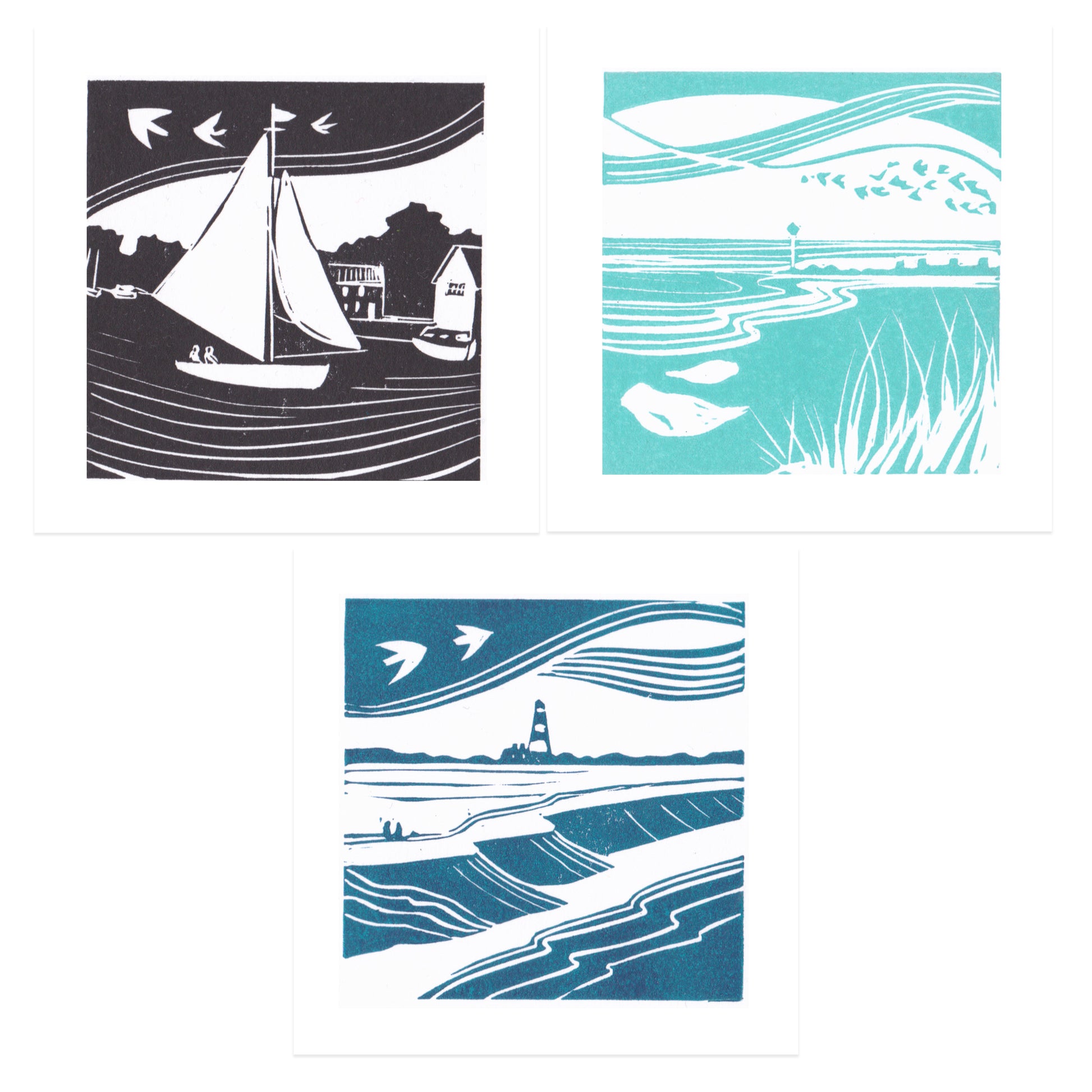 Original mini prints depicting Norfolk locations including The Broads, Horsey Gap and Happisburgh.