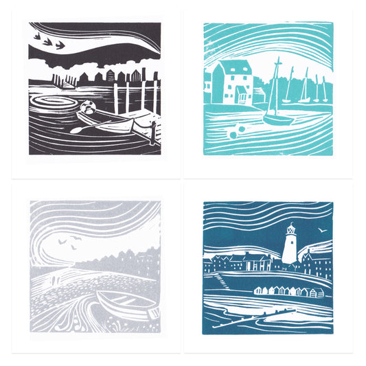 Mini lino prints depicting Suffolk scenes including Walberswick, Woodbridge, Aldeburgh and Southwold.