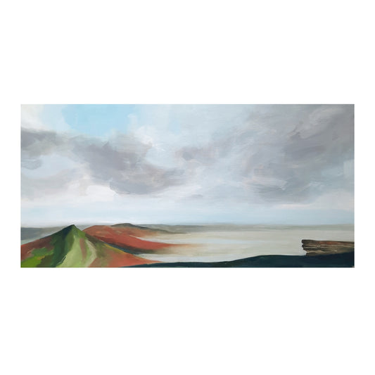 An original oil/acrylic on canvas painting depicting a panoramic view of a landscape with hilltops, inspired by a trip to Wales.
