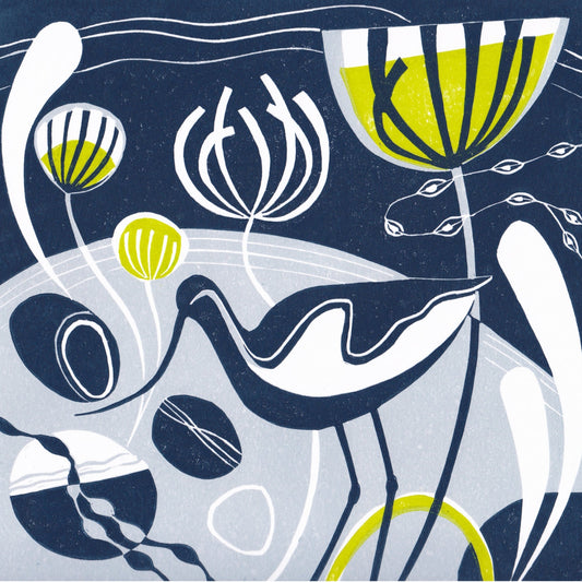 An original lino print featuring an avocet bird among stylized foliage on a shoreline, printed on 250gsm paper.