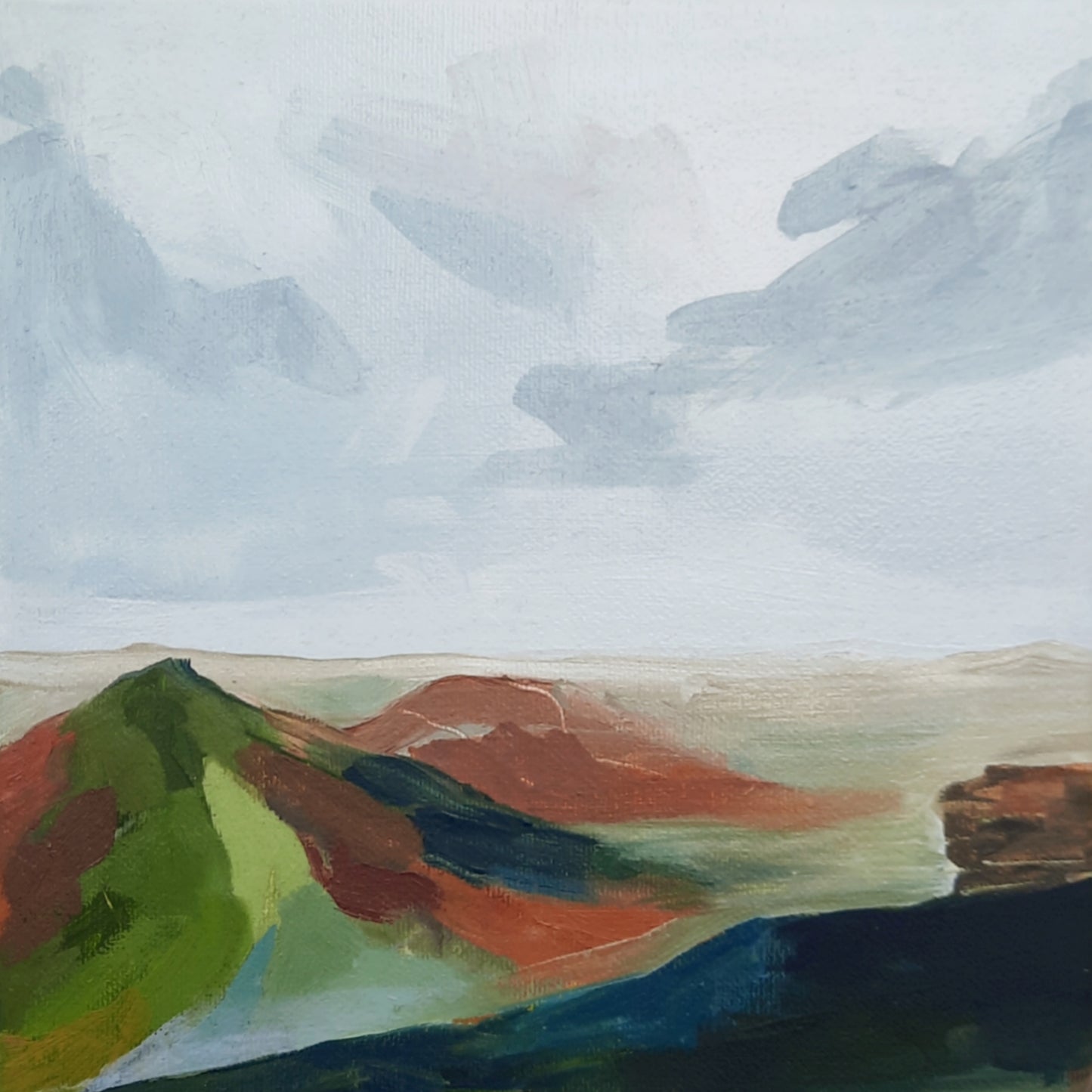 An original oil/acrylic on canvas painting depicting a Welsh landscape with hills and a misty sky.