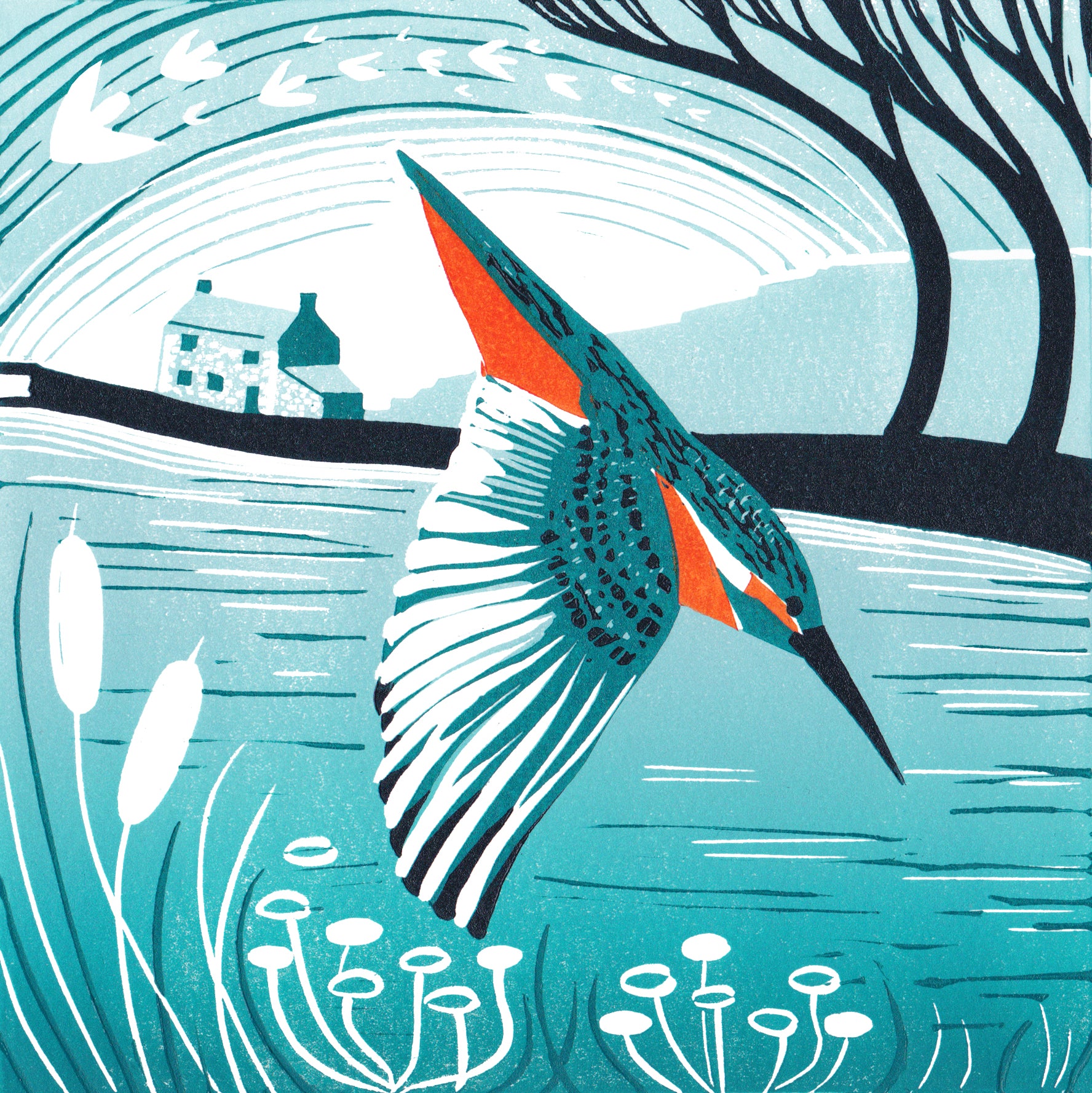 Original lino print artwork depicting a kingfisher bird in flight with a background featuring water and a cottage.