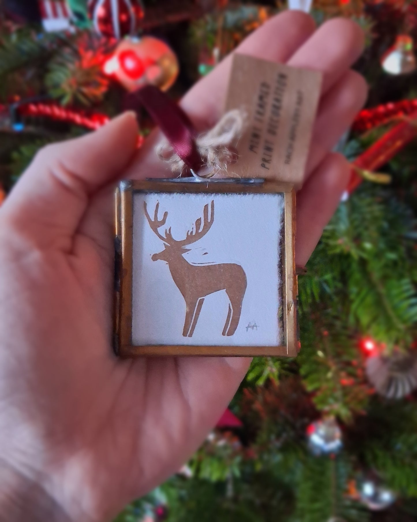 Mini Lino Print Brass Frame Christmas Decoration